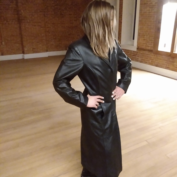 💯 black leather duster ankle length long winter jacket with liner - Picture 3 of 7